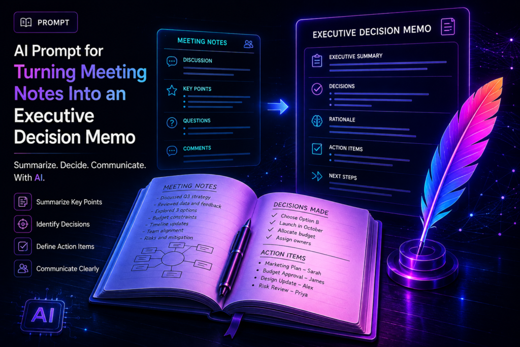 AI prompt illustration for turning meeting notes into an executive decision memo