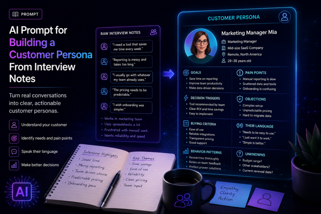AI prompt illustration for building a customer persona from interview notes