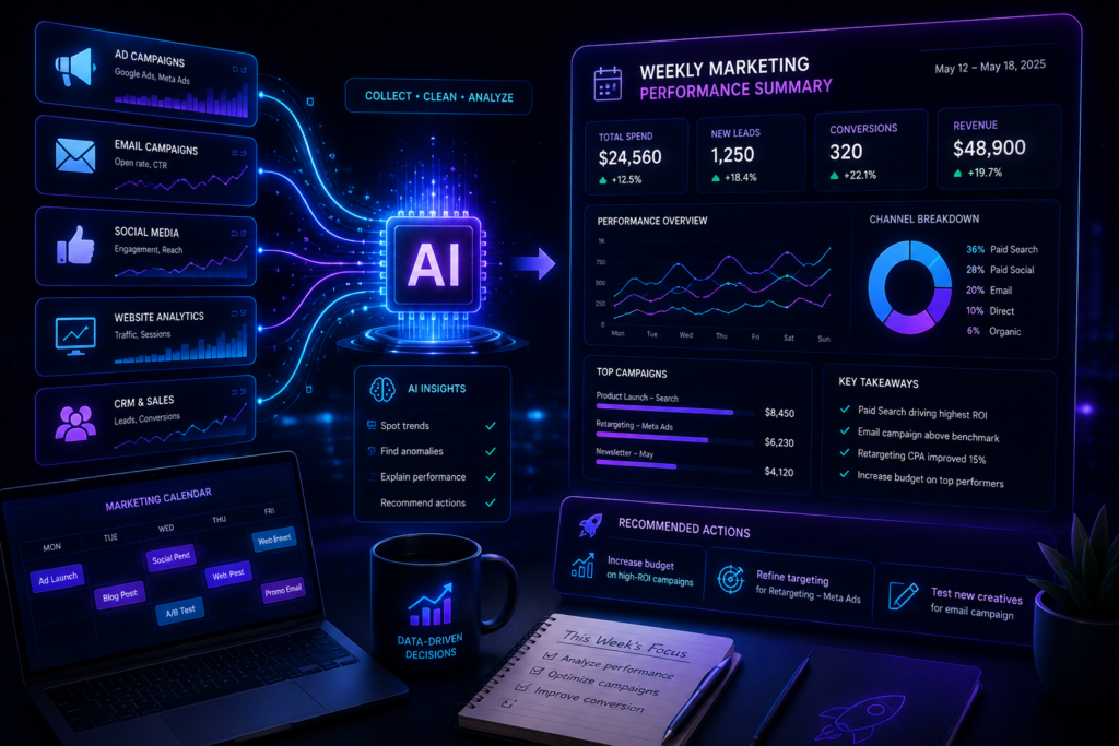 AI prompt illustration for creating a weekly marketing performance summary