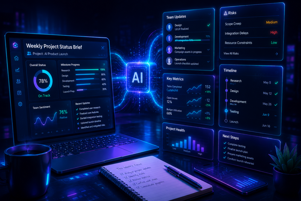 AI prompt illustration for creating a weekly project status brief from team updates