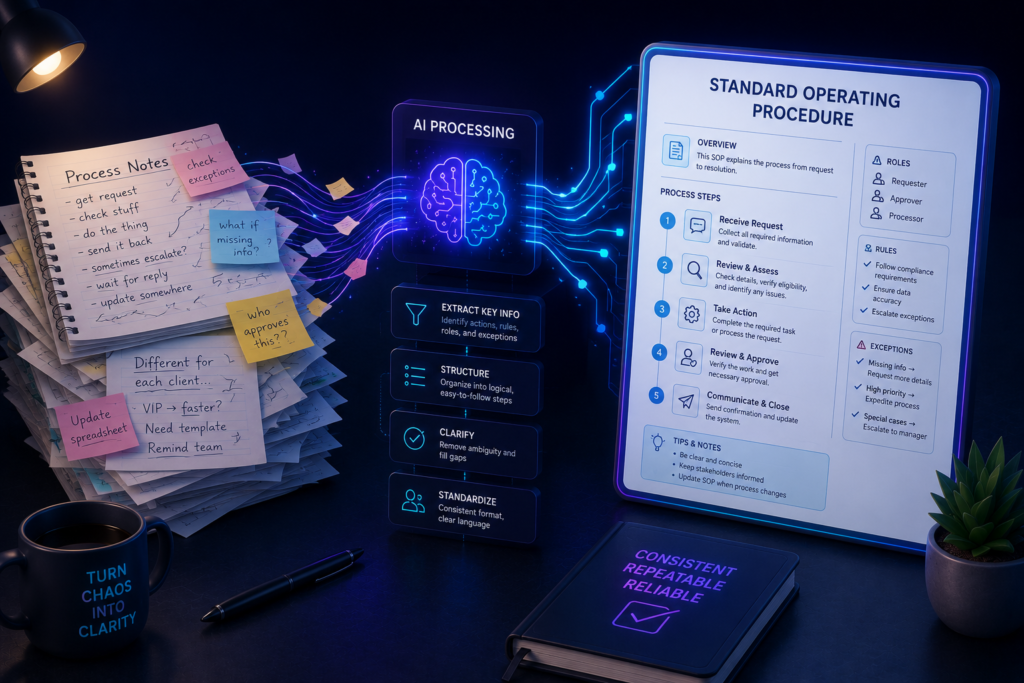 AI prompt illustration for writing a clear SOP from messy process notes
