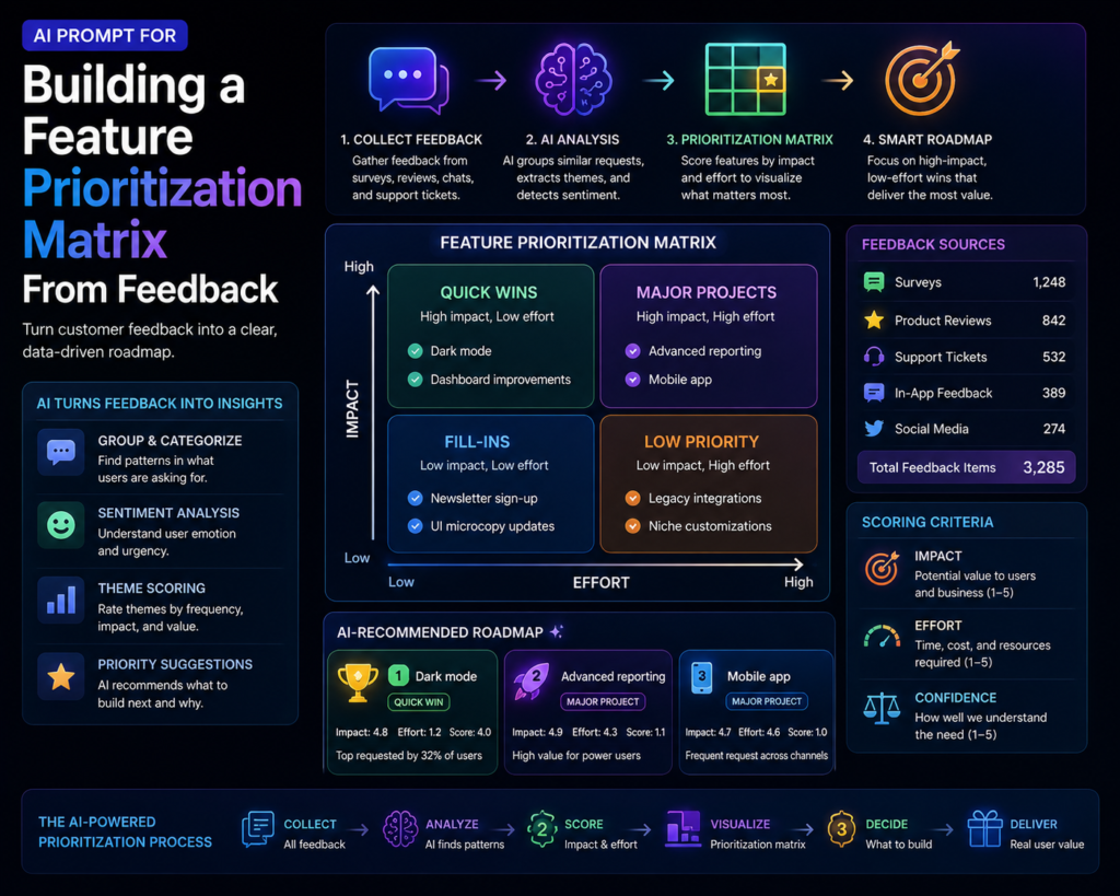 AI prompt illustration for building a feature prioritization matrix from customer feedback