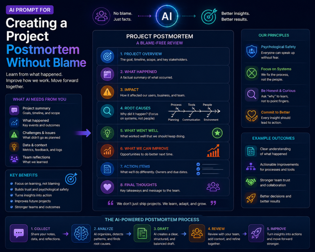 AI prompt illustration for creating a project postmortem without blame
