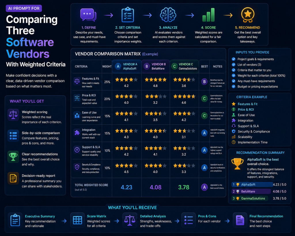 AI prompt illustration for comparing three software vendors with weighted criteria