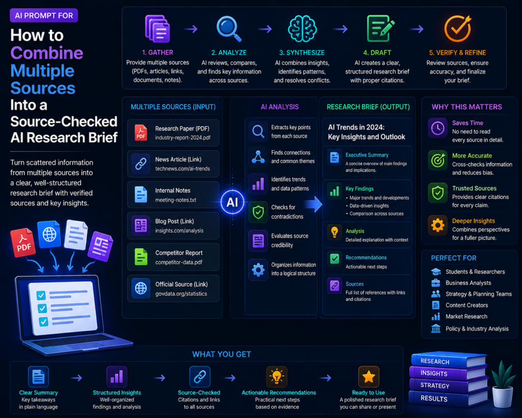 AI guide illustration for combining multiple sources into a source-checked research brief