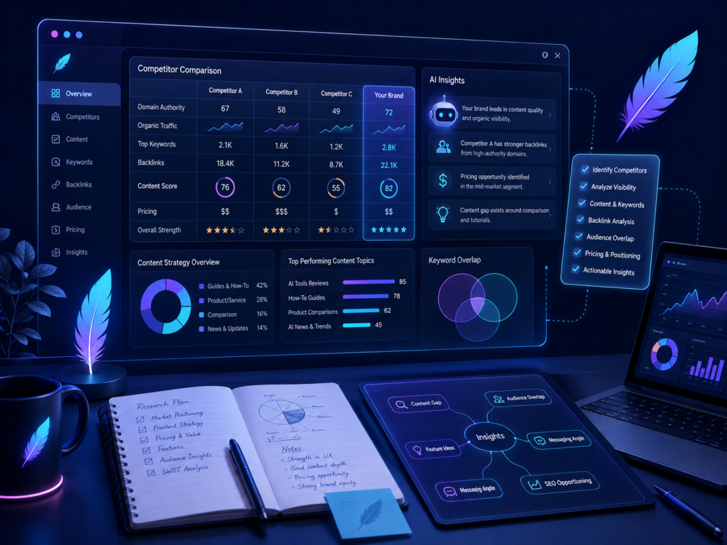 AI competitor research workspace with analytics dashboard and research notes