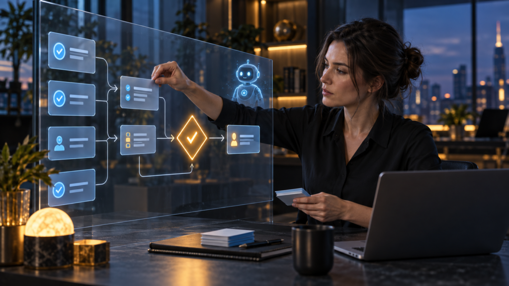 Project manager arranging AI agent tasks and approval checkpoints