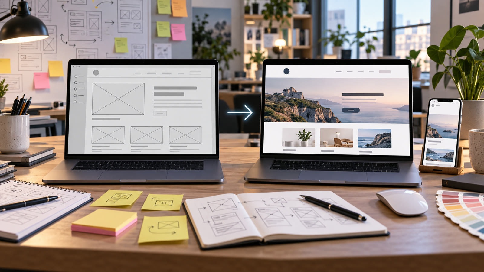 AI website prototype: wireframe evolving into a clickable website prototype
