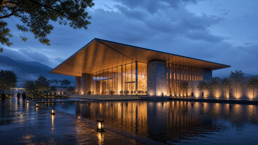 architectural night render prompt — Cultural pavilion beside reflecting pool at blue hour, warm interior glow, people for scale
