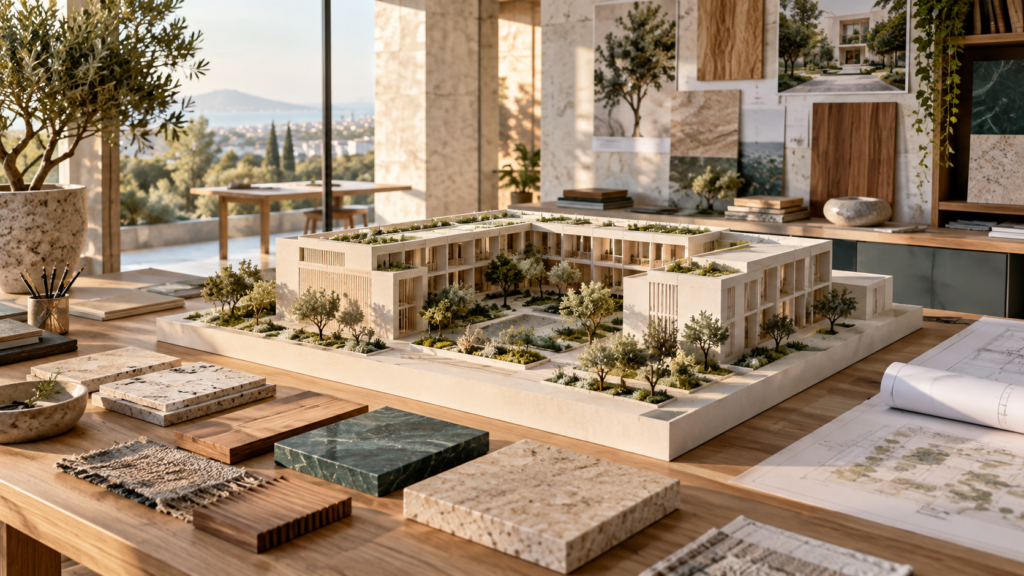 Physical model of a sustainable courtyard building in an architecture studio