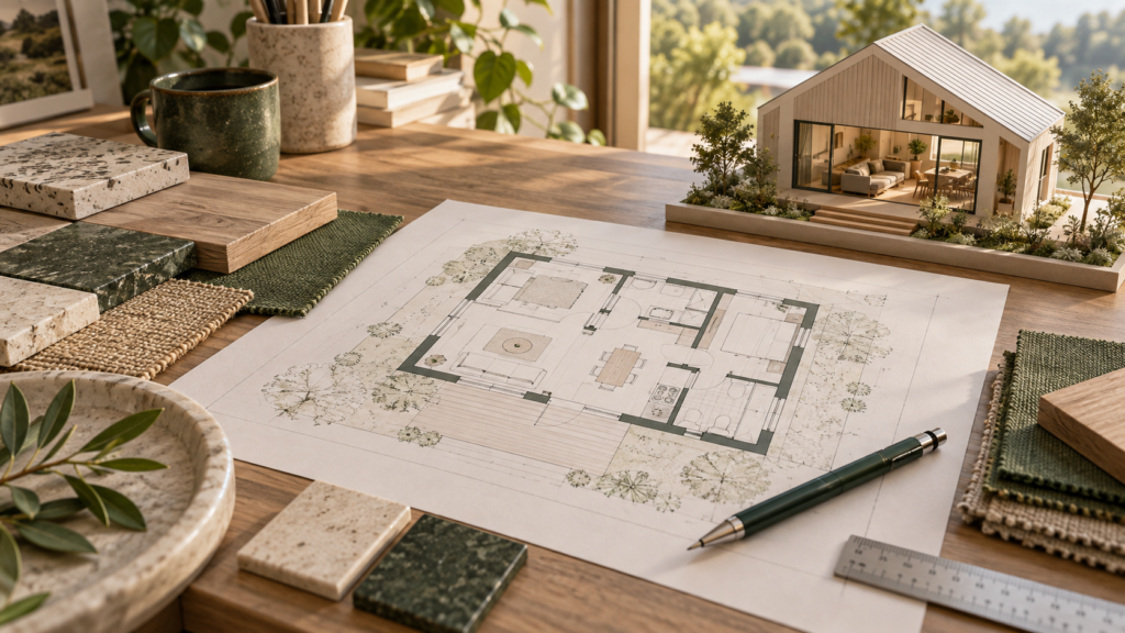 Architectural floor plan, material samples and model of a daylight-filled compact home