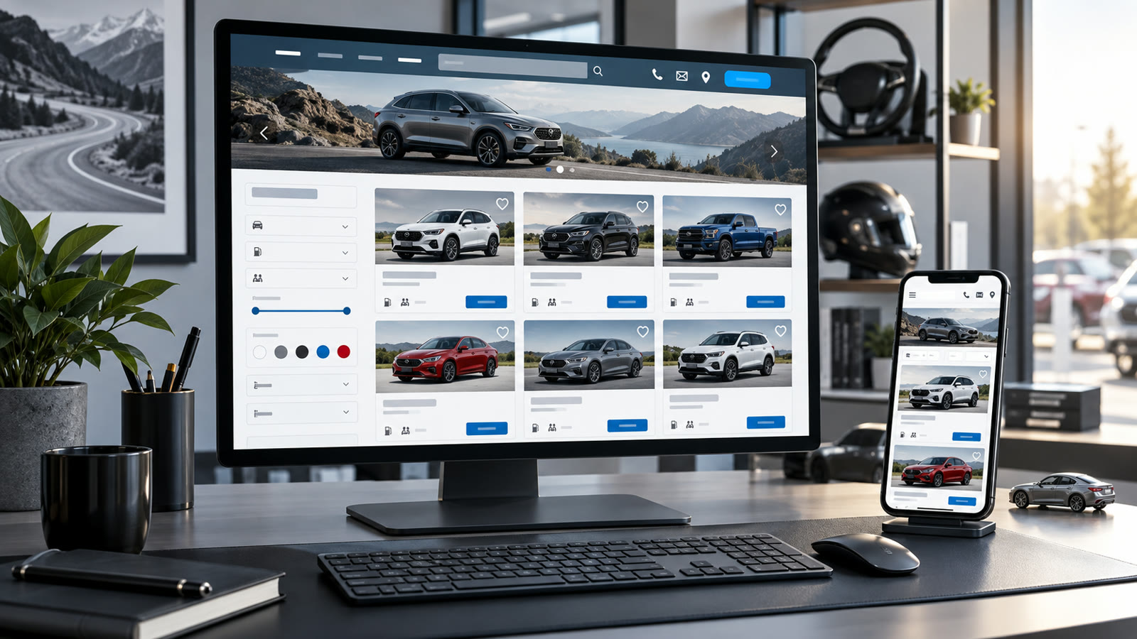 Automotive website design prompts: car inventory site on desktop and phone