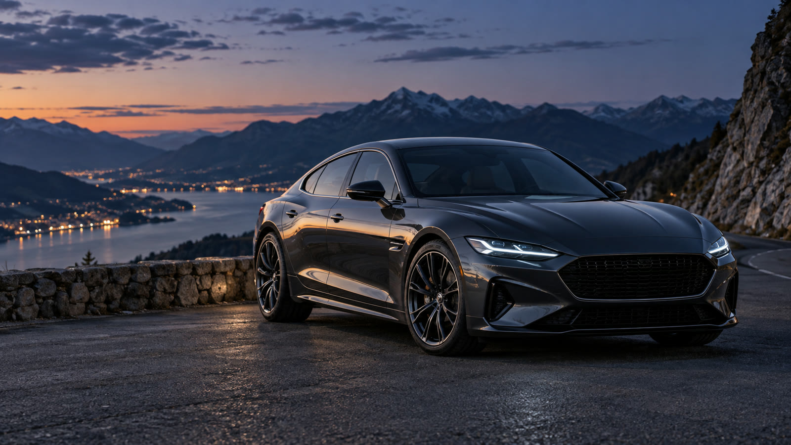 Car advertising prompts: unbranded sedan on a mountain road at blue hour