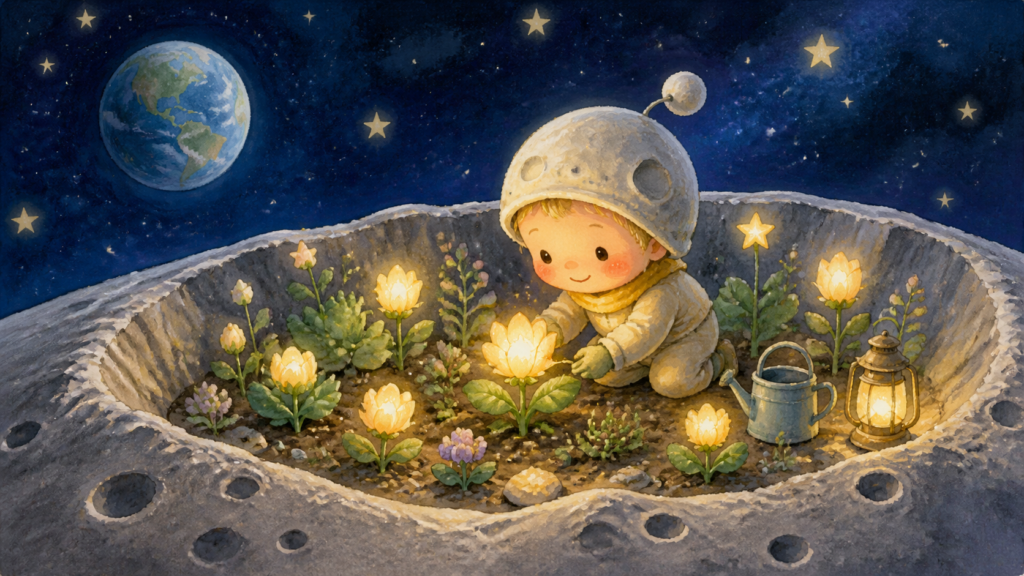 children book illustration prompt — Tiny moon gardener tending glowing flowers, handcrafted watercolor and gouache feel