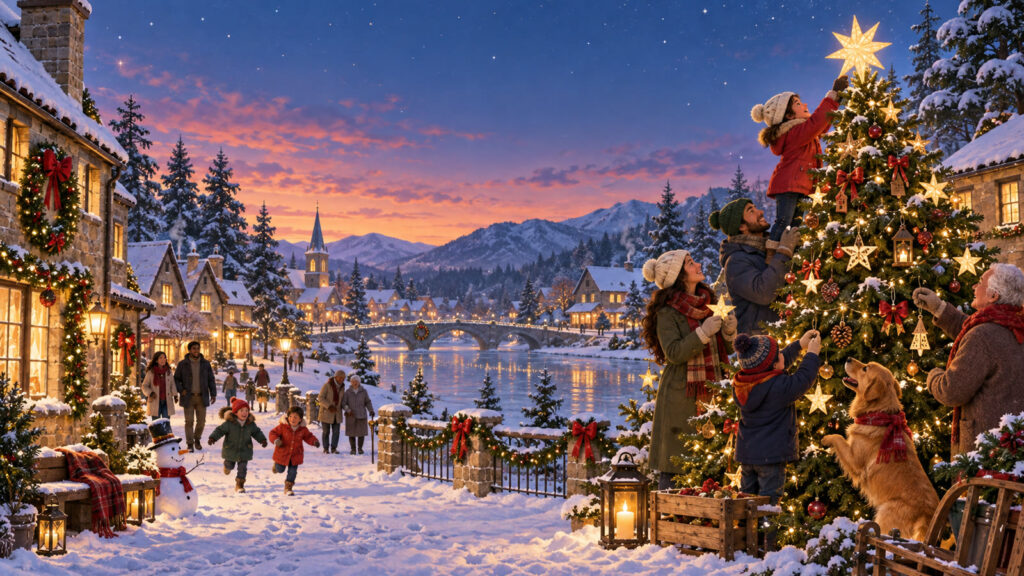 AI Christmas card prompts illustrated by a festive snowy village with a decorated tree