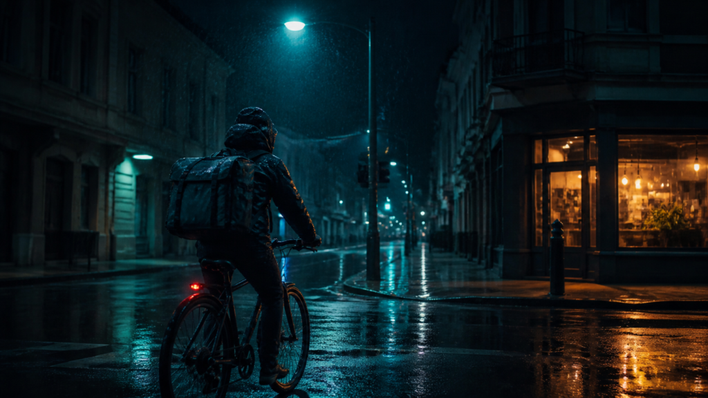 cinematic AI image prompt — Rain-soaked nighttime street with a lone courier, teal practical light and warm storefront in cinematic 35mm framing