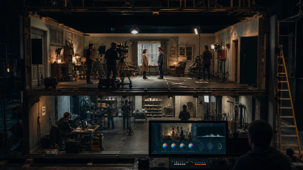 cinematic AI images — Film set cross-section with camera, actors, practical lights and color grade panels, no labels