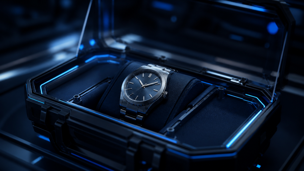 cinematic product image prompt — Unbranded premium wristwatch inside a futuristic evidence case, dramatic controlled highlights, no logo