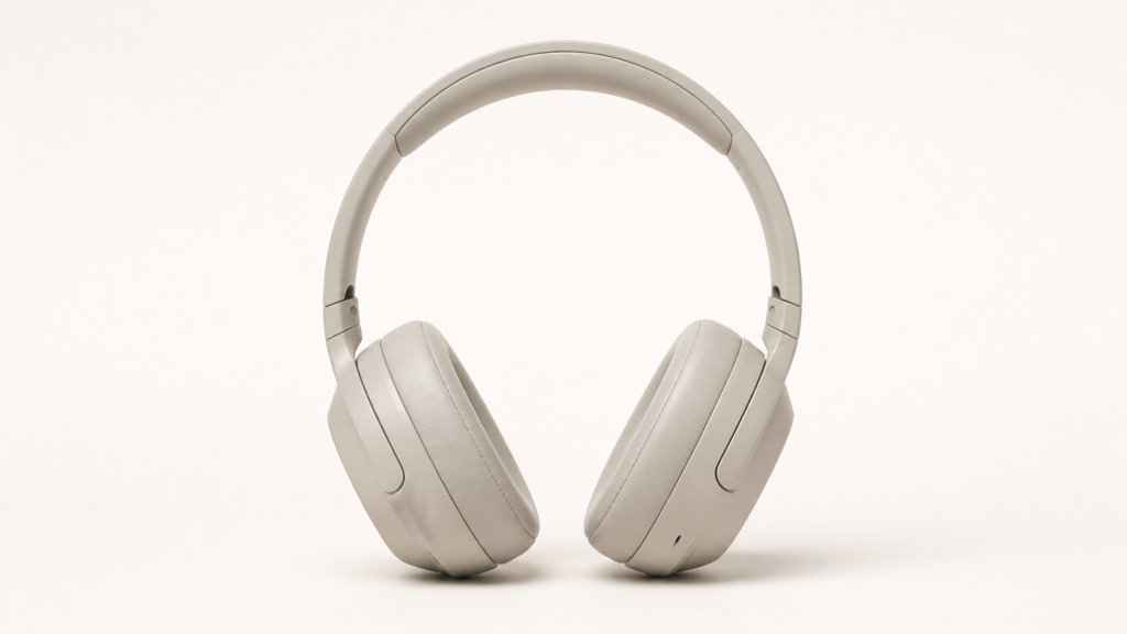 ecommerce product image prompt — Unbranded wireless headphones centered on warm-white seamless backdrop, soft shadow