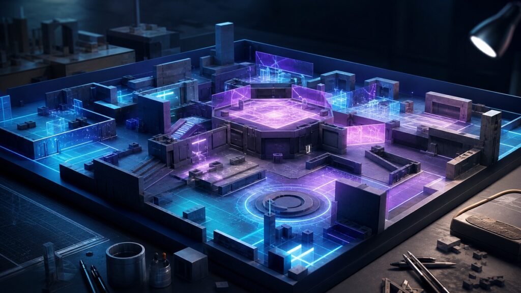 Thematic illustration for Combat Encounter Pacing Plan and 3D Environment Blockout Prompt