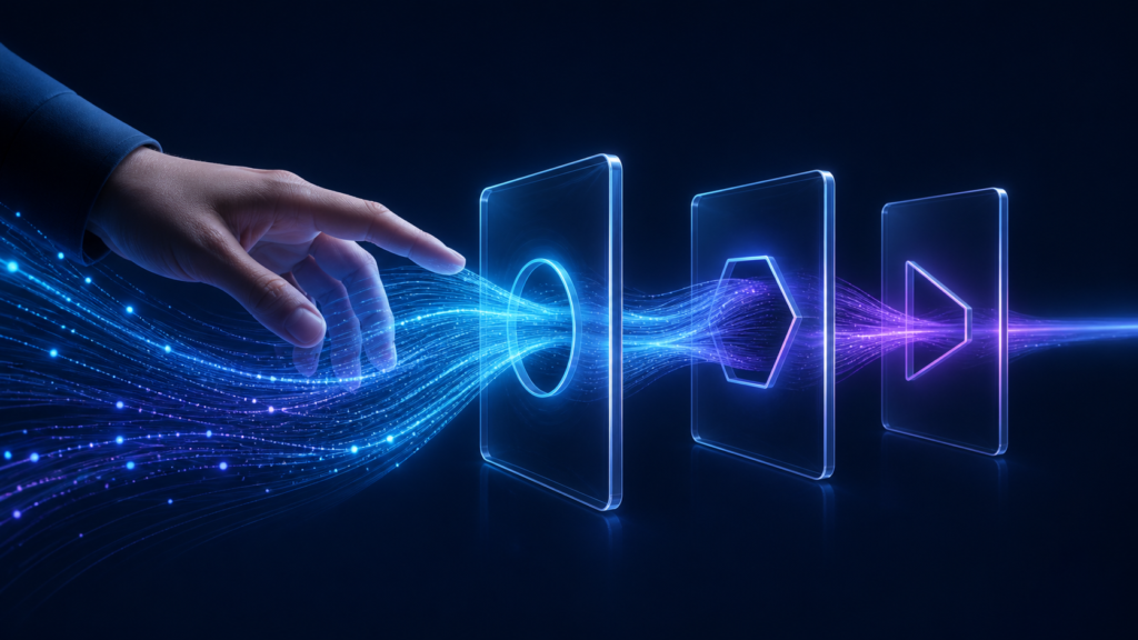 editorial hero image prompt — Human hand guiding glowing data streams through transparent decision gates, sophisticated magazine illustration