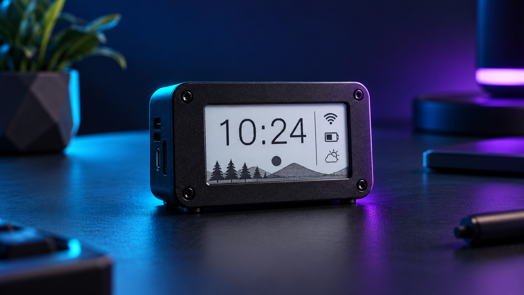 DIY hardware projects: E-Ink desk device on a dark workbench