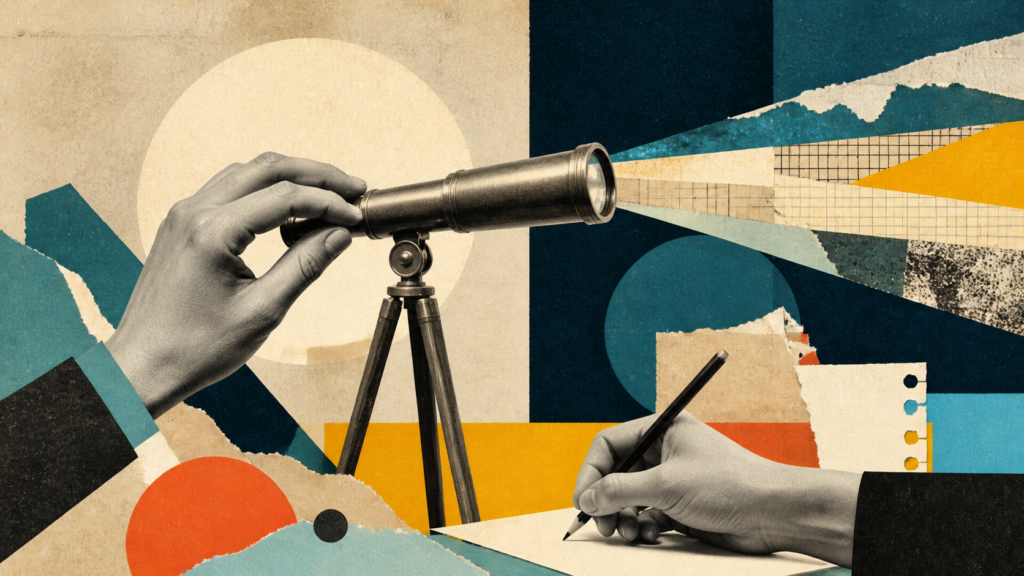 editorial collage AI prompt — Concept of creative focus, hands, telescope, paper fragments and geometric color blocks, no text