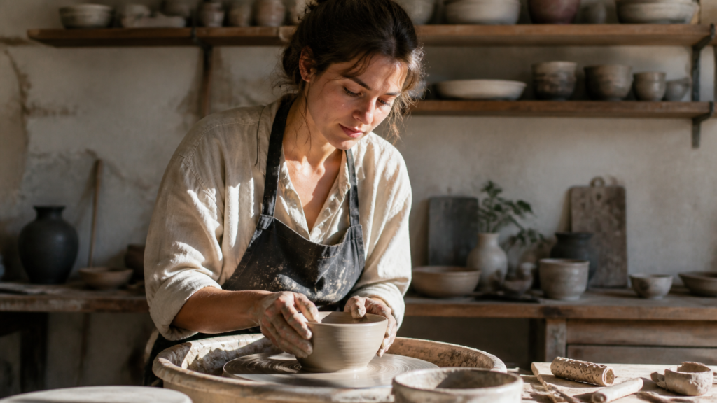 editorial portrait AI prompt — Fictional ceramic artist in studio, window light, modern editorial photography, natural skin texture