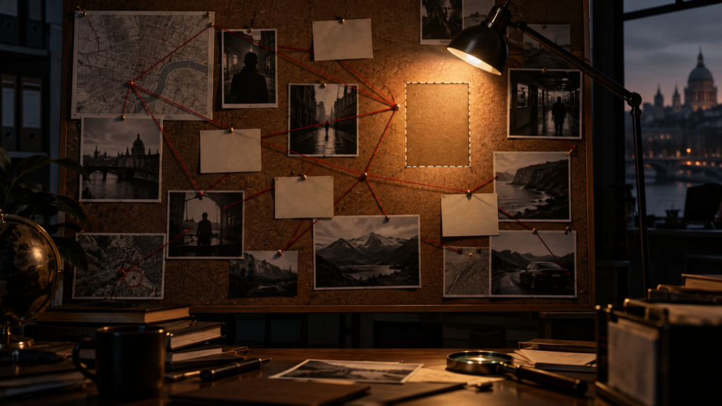 Evidence board highlighting a missing proof point among connected source cards