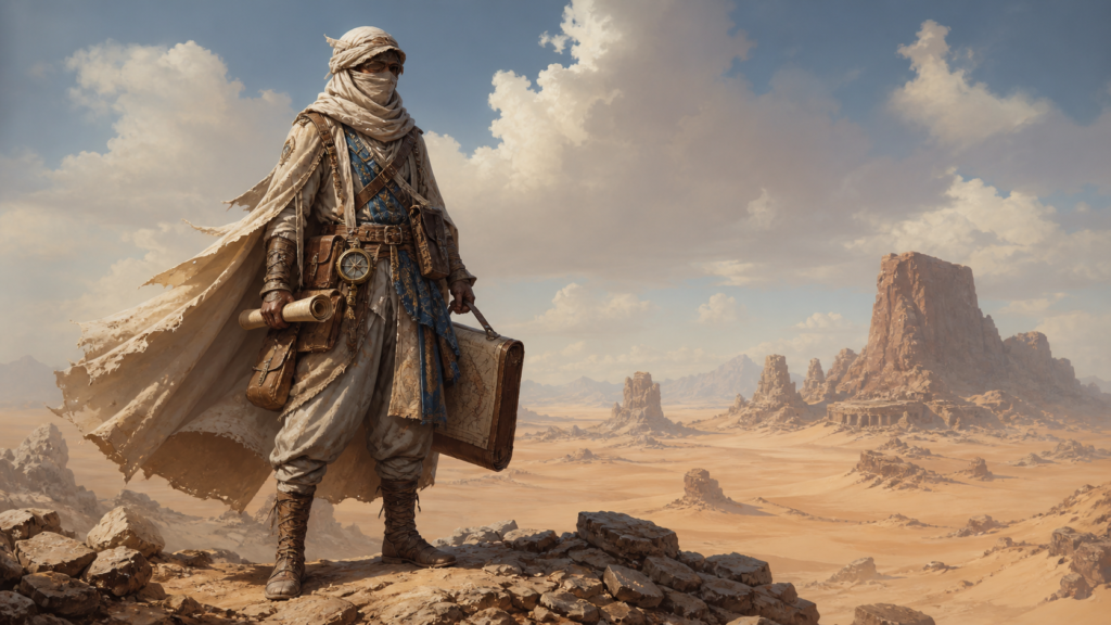 fantasy character design prompt — Desert cartographer with layered sun protection, instruments and map case, original design