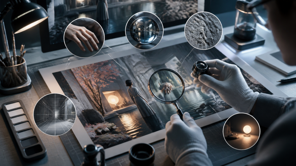 fix artificial looking AI images — Visual quality-control desk examining hands, reflections, materials, perspective and lighting, tasteful not grotesque