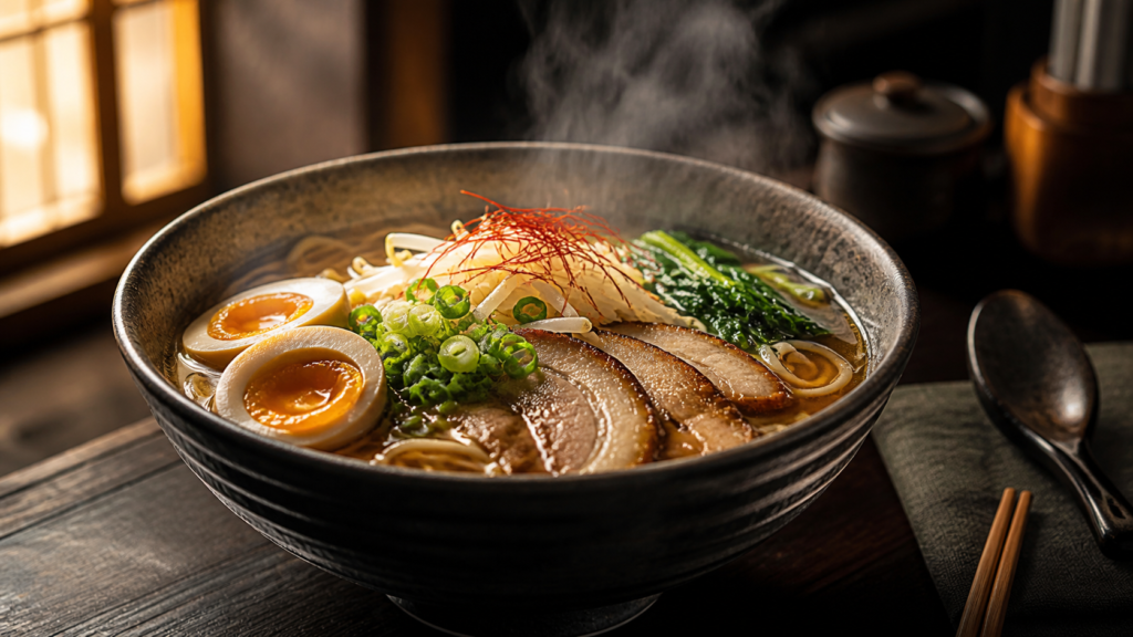 AI food photography prompt — Artisan ramen bowl, visible steam, dark restaurant table, warm window light, realistic texture