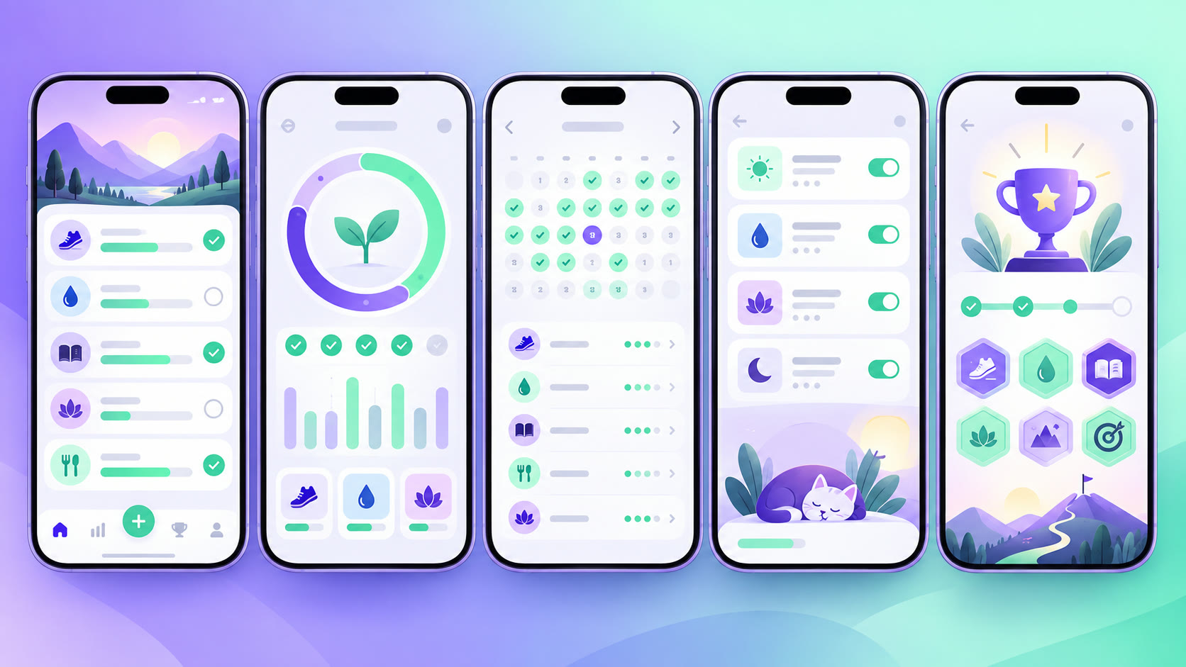 Habit tracker app store screenshot storyboard prompt: Five coordinated habit tracker app screens showing progress, calendar, reminders and achievements
