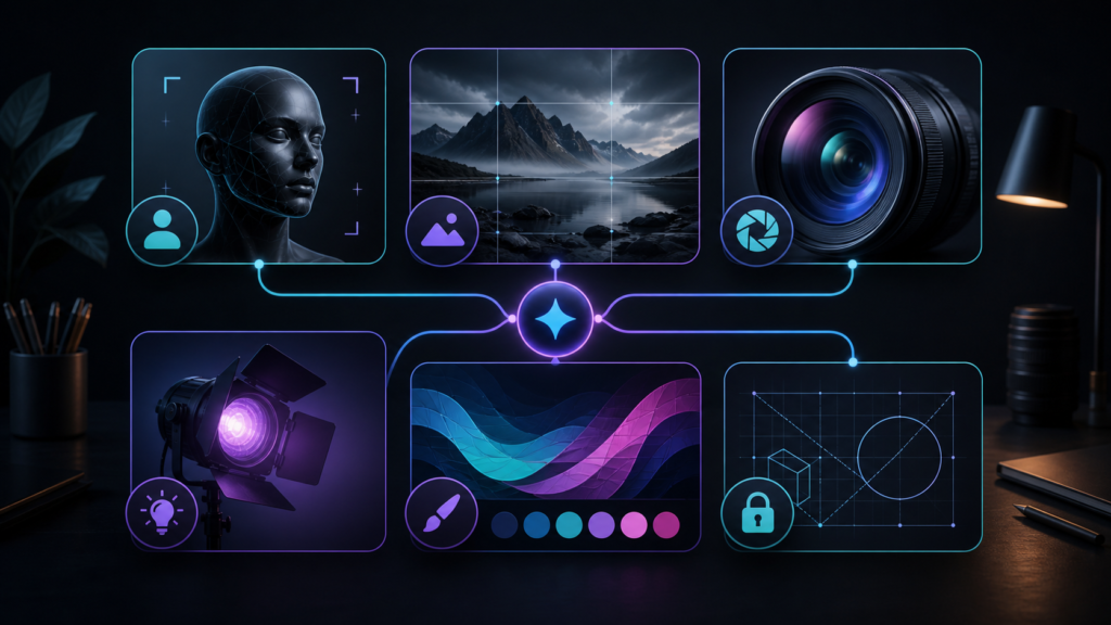 how to write AI image prompts — Elegant visual workspace showing connected modules for subject, scene, lens, light, palette, and constraints in an AI image prompt workflow