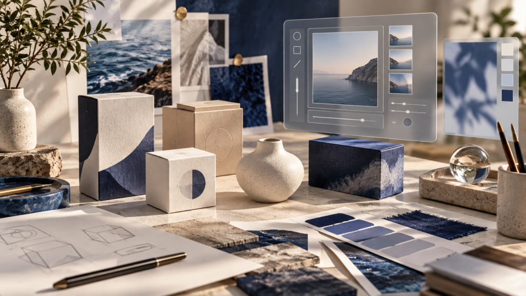 Product packaging prototypes and an abstract AI image editing interface on a design desk