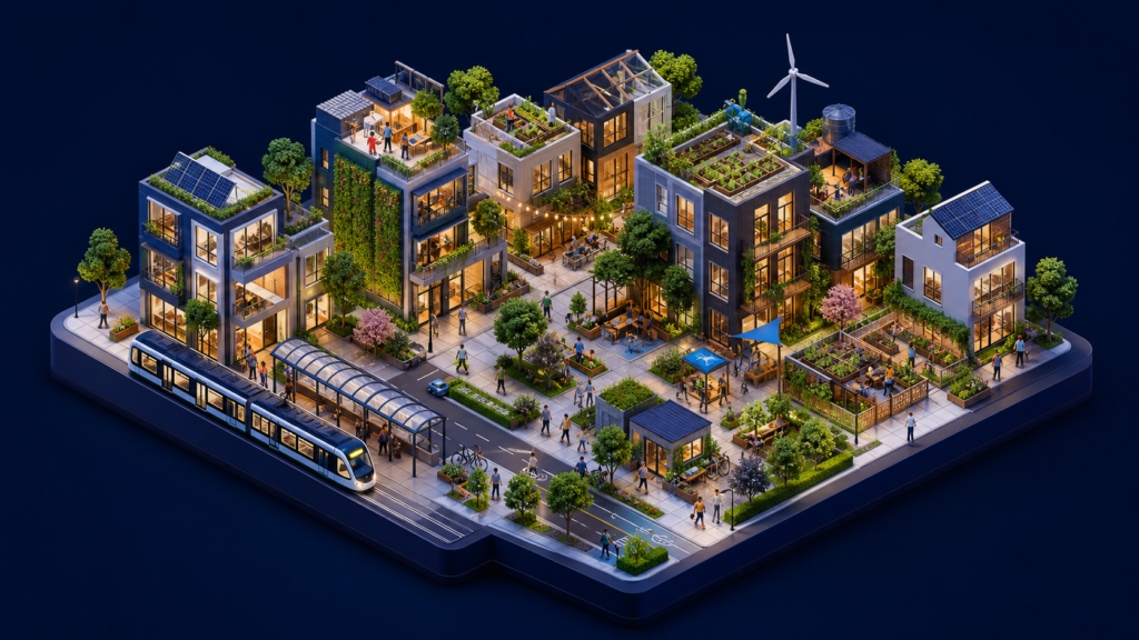 isometric 3D illustration prompt — Tiny sustainable city block with rooftop farms and transit, polished isometric 3D
