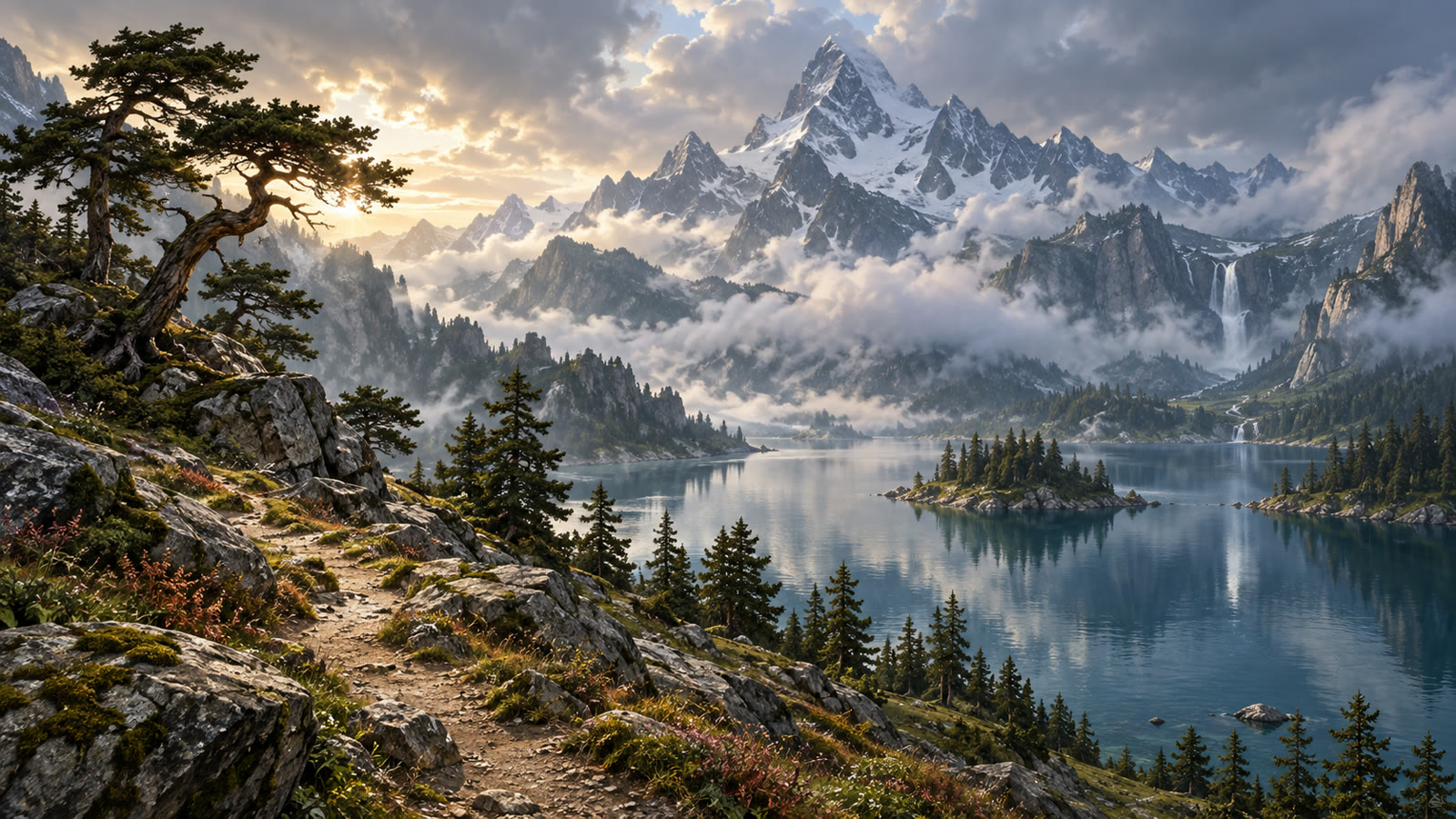 Landscape concept art prompts: painterly mountain lake with pines and a winding path