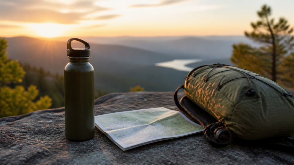 lifestyle product photography prompt — Reusable water bottle beside trail map on sunrise overlook, authentic outdoor editorial photo