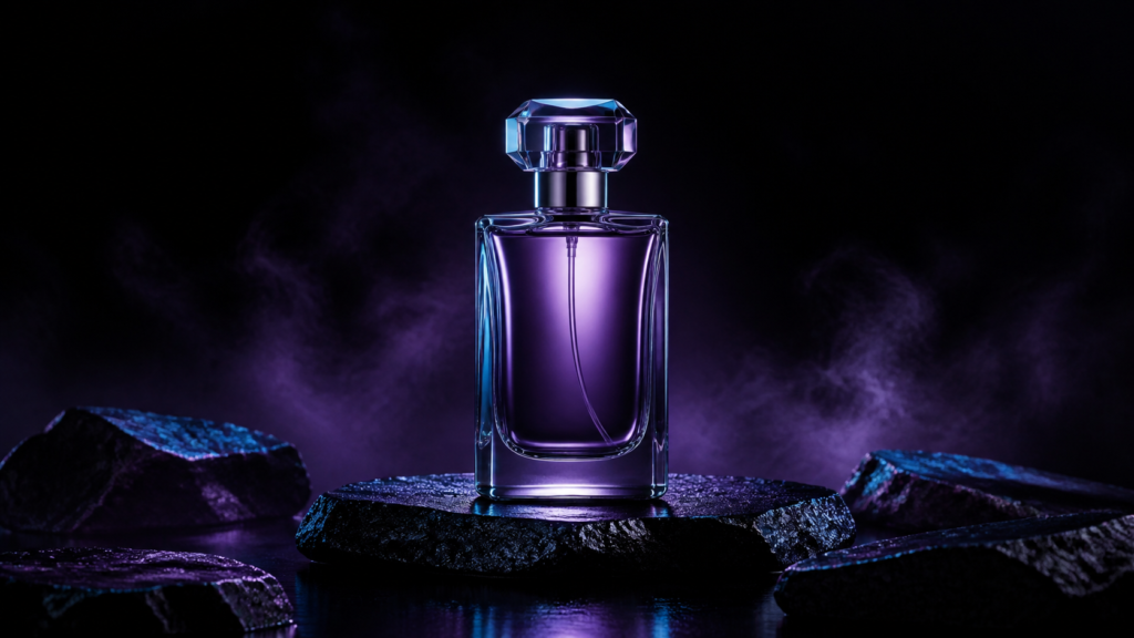 luxury product photography prompt — Unbranded perfume bottle on black stone with violet mist and cyan rim light in a premium product campaign setup