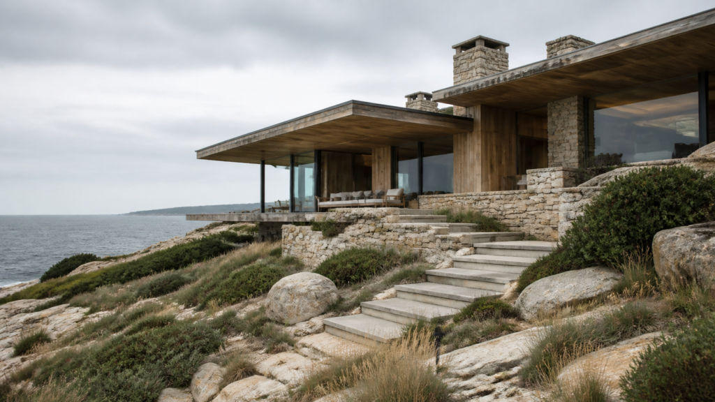 AI architecture visualization prompt — Sustainable coastal home, timber and stone, overcast natural light, architectural photography