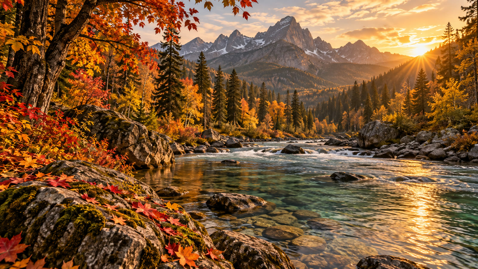 Nature photography prompts: autumn forest and river in warm golden light