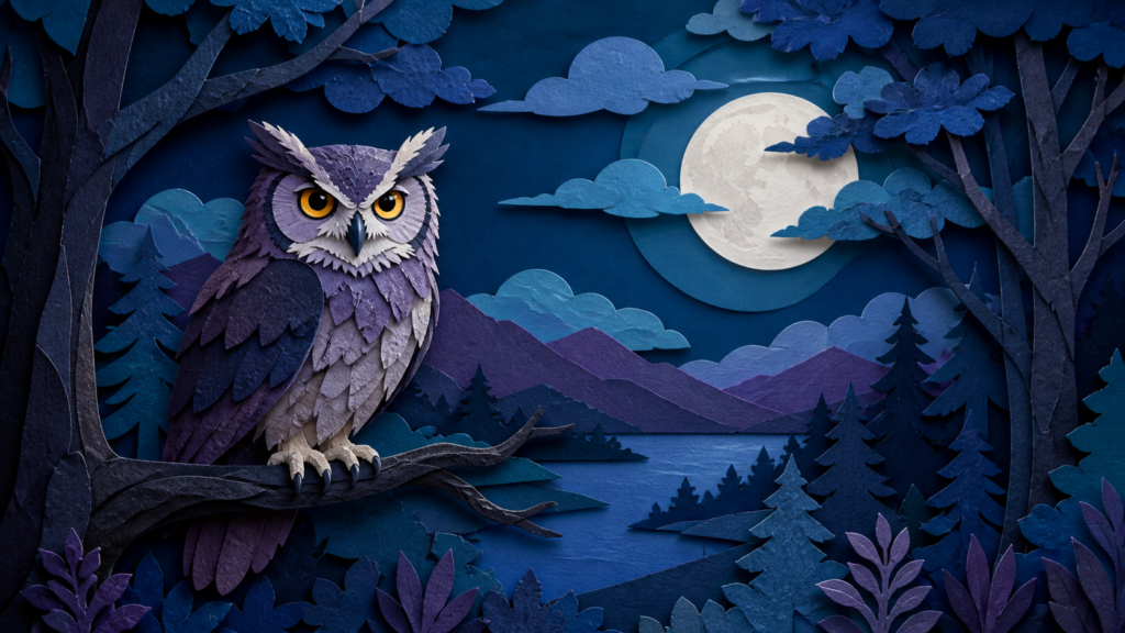 paper cut illustration prompt — Nocturnal forest with owl and moon, layered paper craft, tactile edges, deep blue palette
