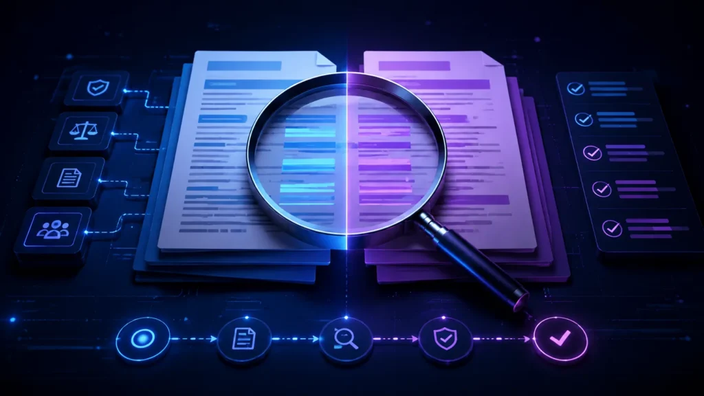 Magnifier comparing two policy versions with a verification checklist