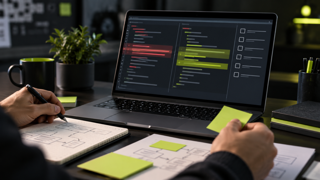 Developer reviewing code changes and a verification checklist