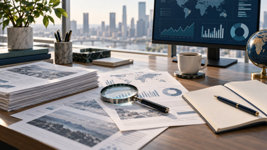 Research documents and charts on an analyst desk