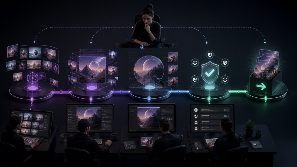 AI image production checklist — Creative production pipeline with reference review, generation, quality control, rights check and export, no words