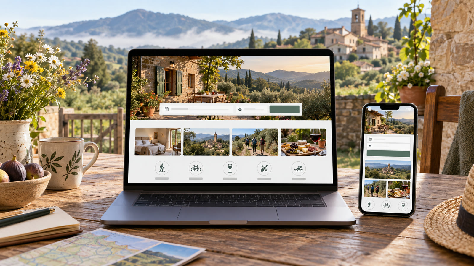 Rural tourism website prompts: guesthouse website on laptop and phone at farmhouse table