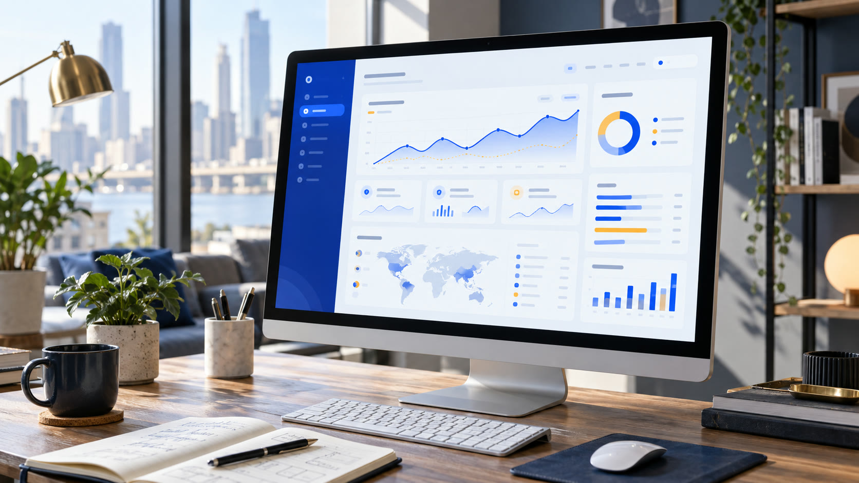 SaaS analytics landing page hero prompt: Clean SaaS analytics dashboard hero on a desktop monitor with blue charts in a bright office