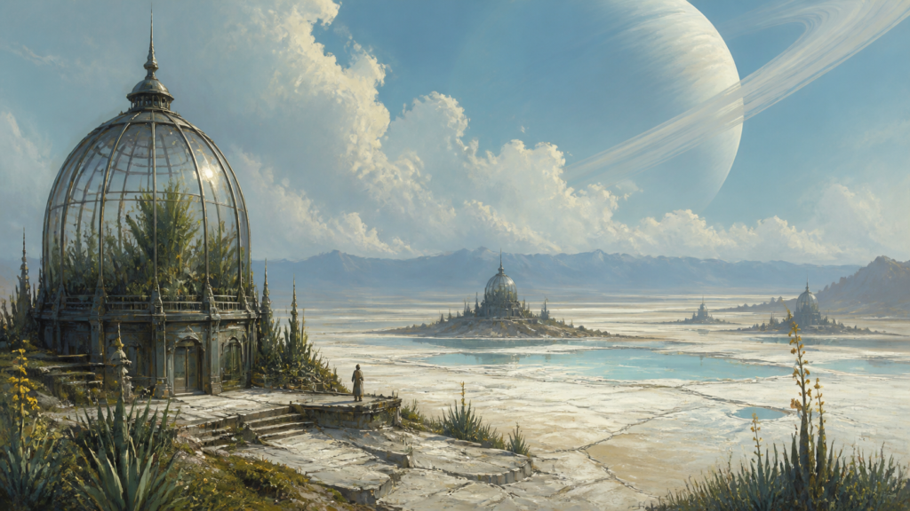 science fantasy landscape prompt — Vast salt flats with botanical observatories, distant ring planet, painterly realism