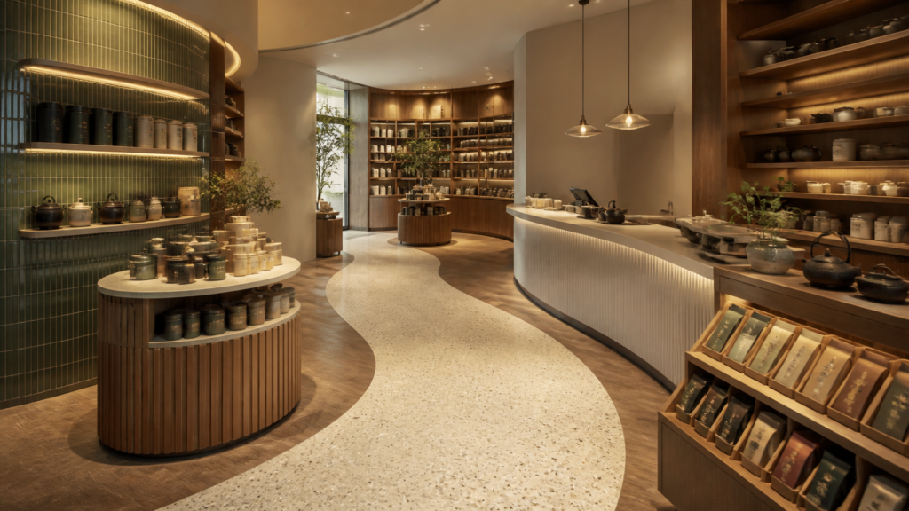 retail interior visualization prompt — Compact specialty tea shop, curved display route, warm task lighting, no brand text